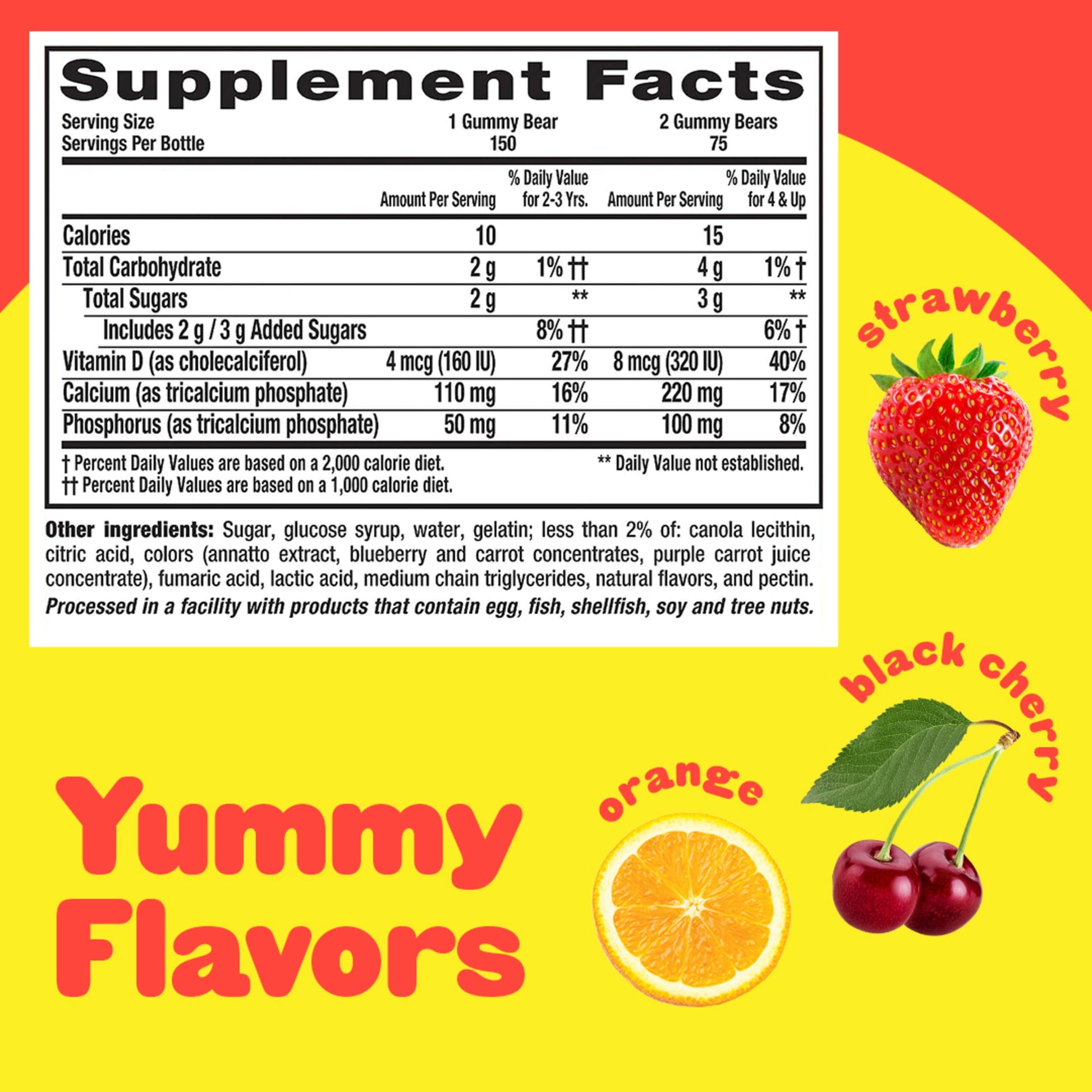 L’il Critters Calcium + D3 Daily Gummy Supplement for Kids, for Bone Support, Orange, Strawberry and Cherry Flavors, 150 Gummies