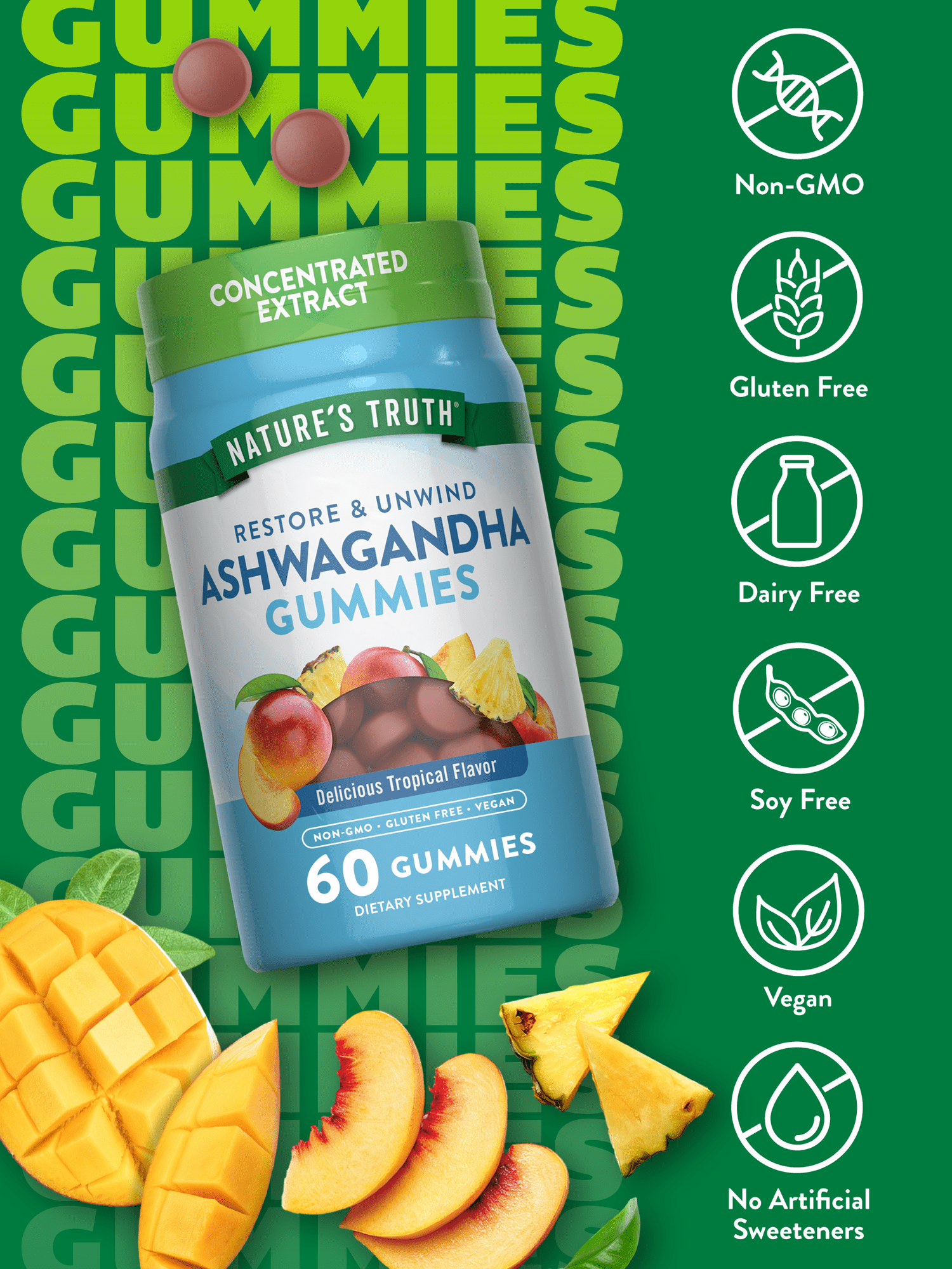 Ashwagandha Gummies | For Men and Women | 60 Tropical Flavor Gummies | by Natures Truth