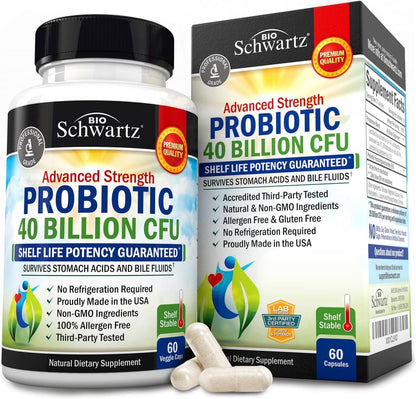 BioSchwartz Probiotic 40 Billion CFU - Probiotics Prebiotics, Lactobacillus Acidophilus, Astragalus for Gut Health, Digestive Relief - Shelf Stable Supplement, 60 Count