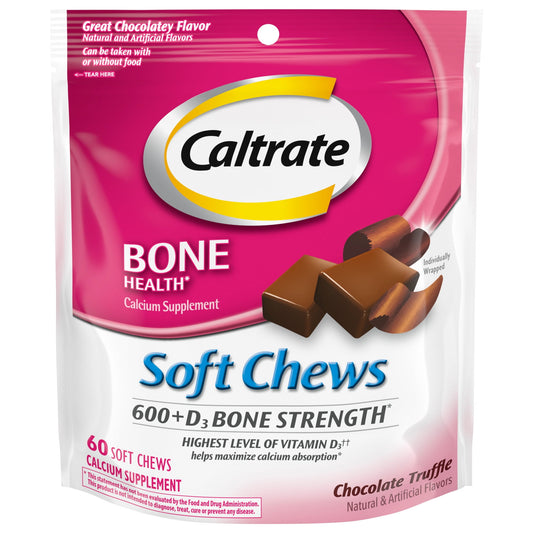 Caltrate Soft Chews 600+D3 Calcium Vitamin D Supplement, Chocolate Truffle - 60 Count