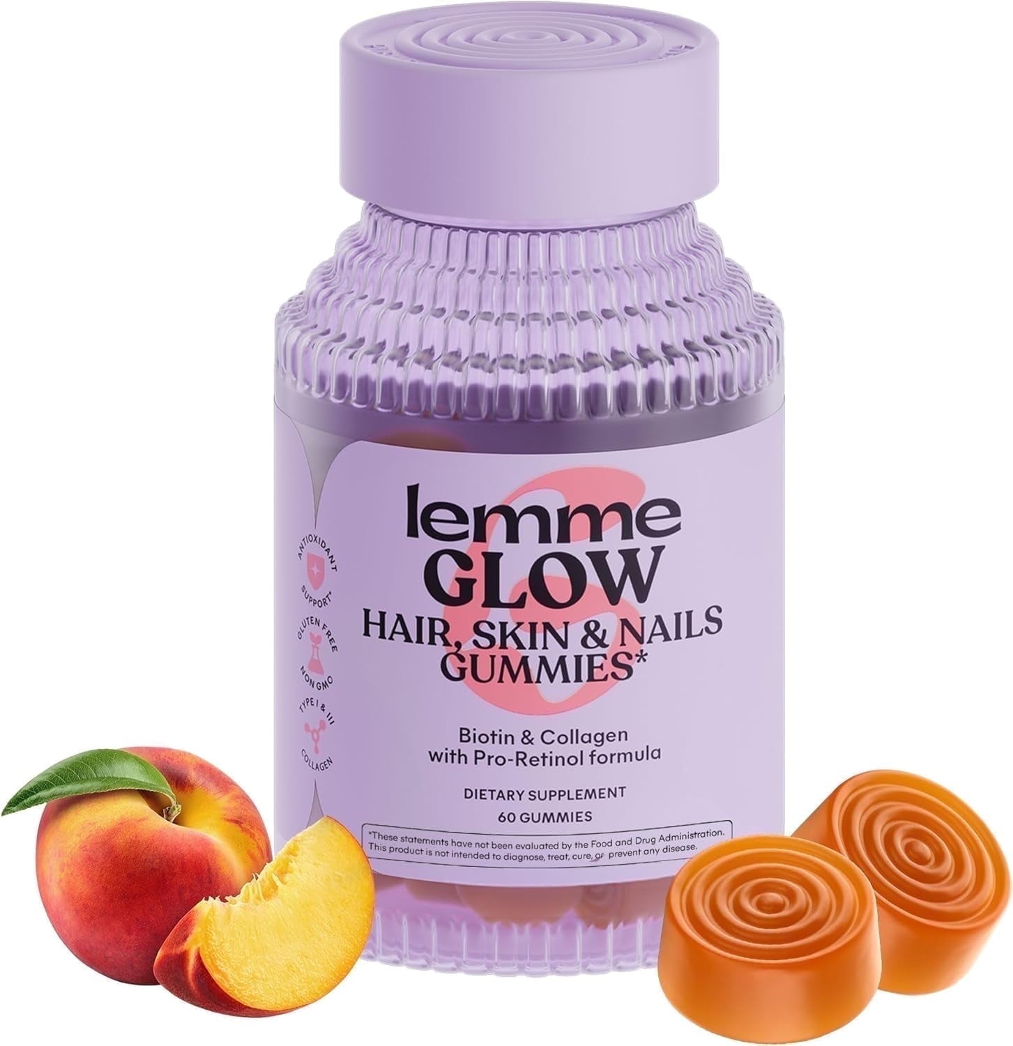 Lemme Glow Collagen Gummies for Thick Hair, Strong Nails & Healthy Skin with Multi-Collagen Peptides, Biotin, Trace Minerals, Zinc, Vitamins A, C & E, Dairy & Gluten Free, Peach Flavor, 60 Count