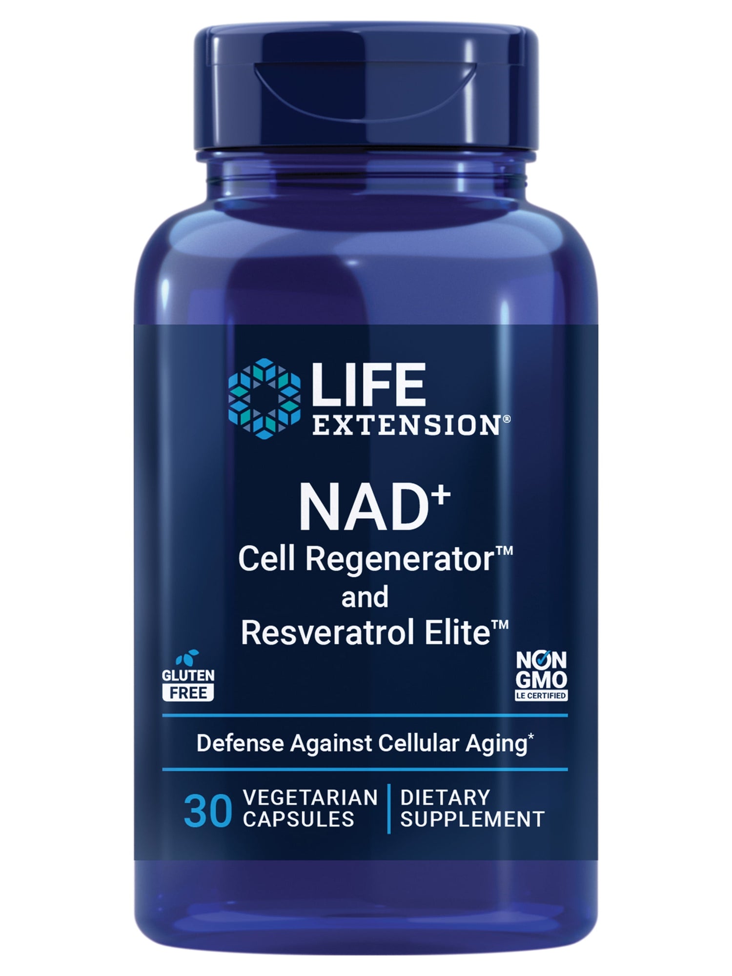 Life Extension NAD+ Cell Regenerator and Resveratrol Elite, nicotinamide riboside, NR, trans-resveratrol, quercetin, fisetin, vegetarian, non-GMO, gluten free, 30 capsules