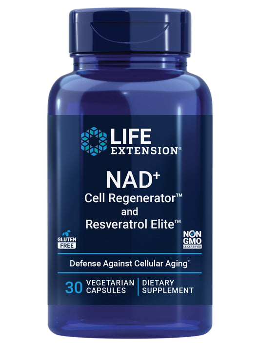 Life Extension NAD+ Cell Regenerator and Resveratrol Elite, nicotinamide riboside, NR, trans-resveratrol, quercetin, fisetin, vegetarian, non-GMO, gluten free, 30 capsules