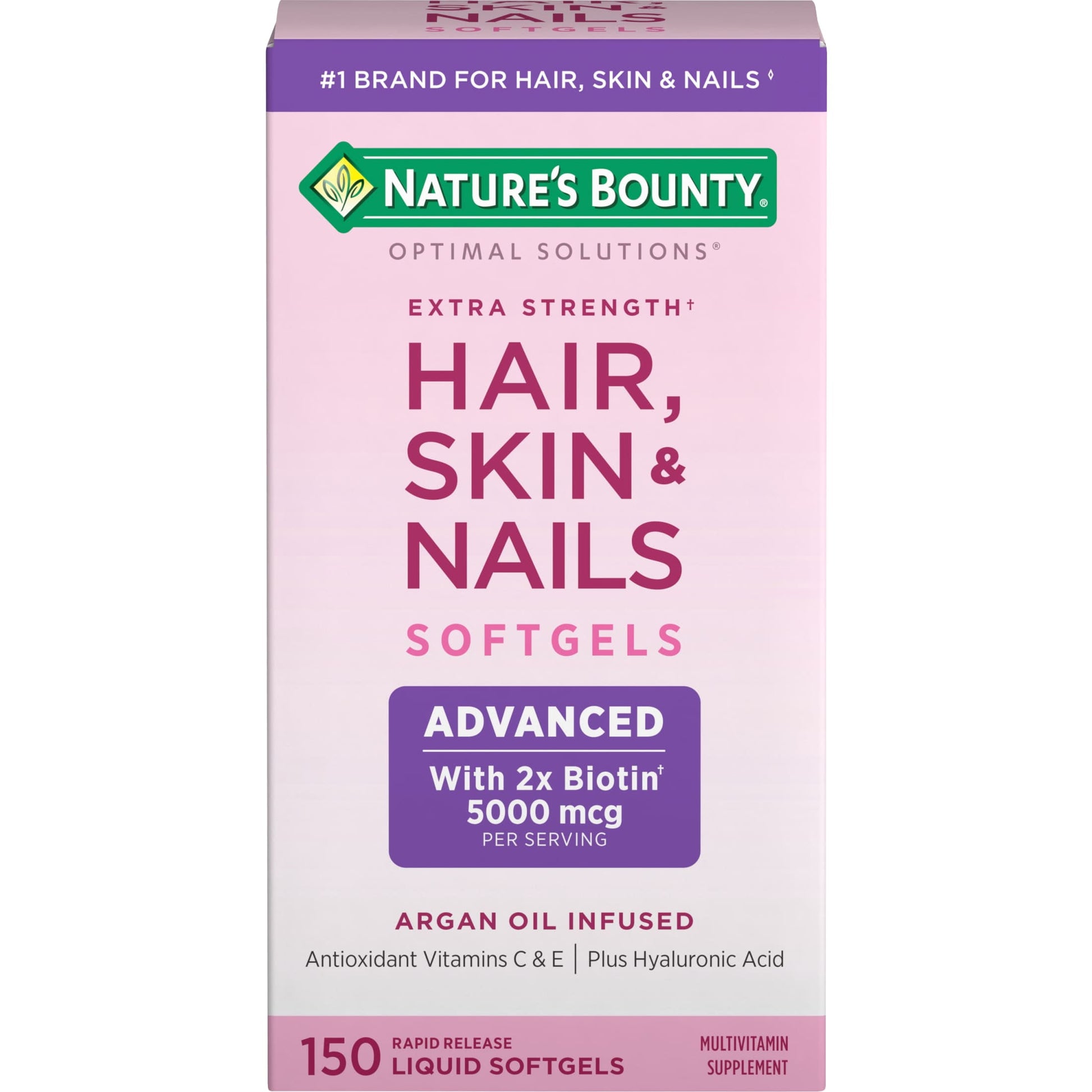 Nature's Bounty Optimal Solutions Advanced Hair, Skin and Nail Biotin & Vitamins A, C, & E Softgels, 150 Count