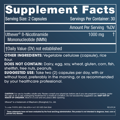 NMN Pro 1000™ - Uthever® NMN, 1000 mg per serving, 60 capsules