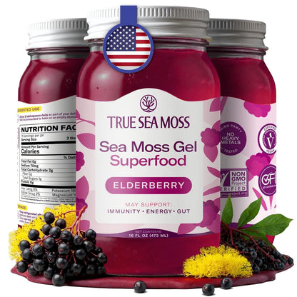 True Sea Moss Wildcrafted Irish Sea Moss Gel Supplement with Organic Elderberry 16 Fl oz