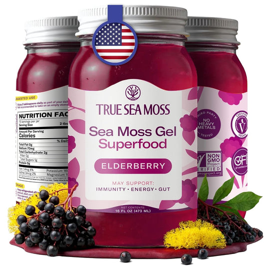 True Sea Moss Wildcrafted Irish Sea Moss Gel Supplement with Organic Elderberry 16 Fl oz