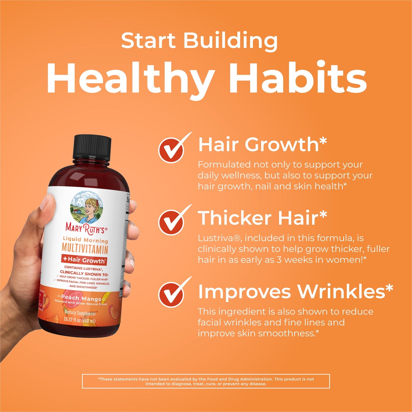 MaryRuth's Liquid Multivitamin + Lustriva® Hair Growth Thickness in Women's hair Biotin 10000mcg Vitamin D B Vitamins Ages 18+ 15.22 fl oz