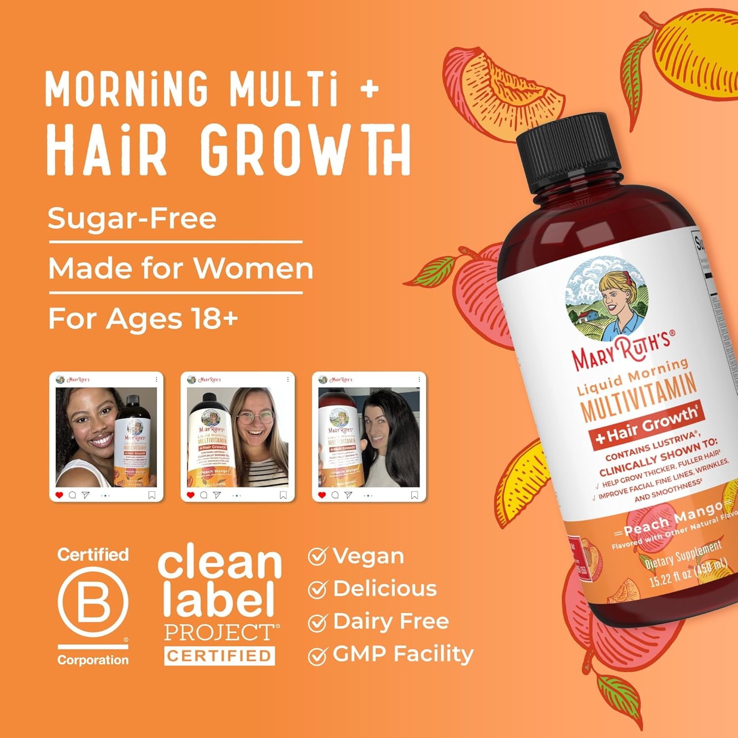 MaryRuth's Liquid Multivitamin + Lustriva® Hair Growth Thickness in Women's hair Biotin 10000mcg Vitamin D B Vitamins Ages 18+ 15.22 fl oz
