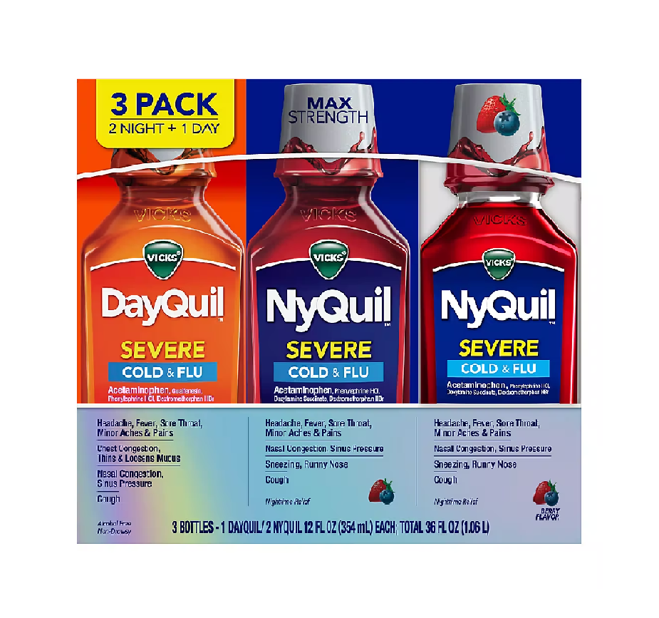 Vicks DayQuil and NyQuil SEVERE Maximum Strength Cough, Cold & Flu Relief Liquid, 3 Bottles BERRY