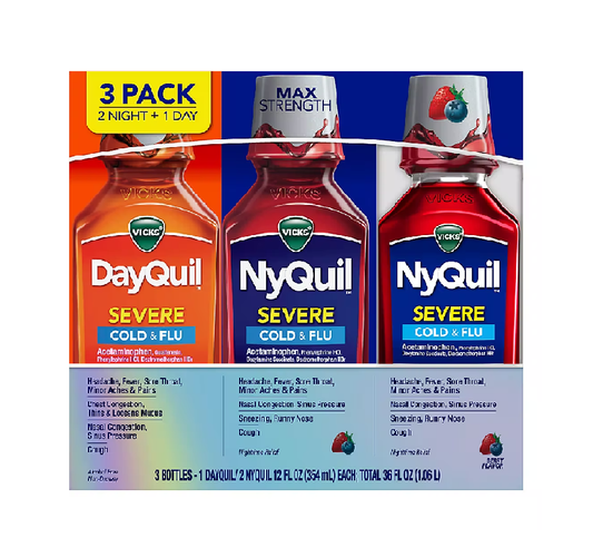 Vicks DayQuil and NyQuil SEVERE Maximum Strength Cough, Cold & Flu Relief Liquid, 3 Bottles BERRY