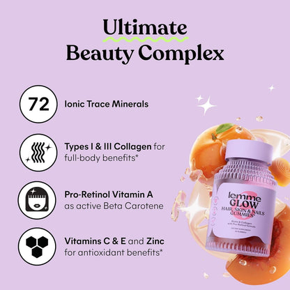 Lemme Glow Collagen Gummies for Thick Hair, Strong Nails & Healthy Skin with Multi-Collagen Peptides, Biotin, Trace Minerals, Zinc, Vitamins A, C & E, Dairy & Gluten Free, Peach Flavor, 60 Count