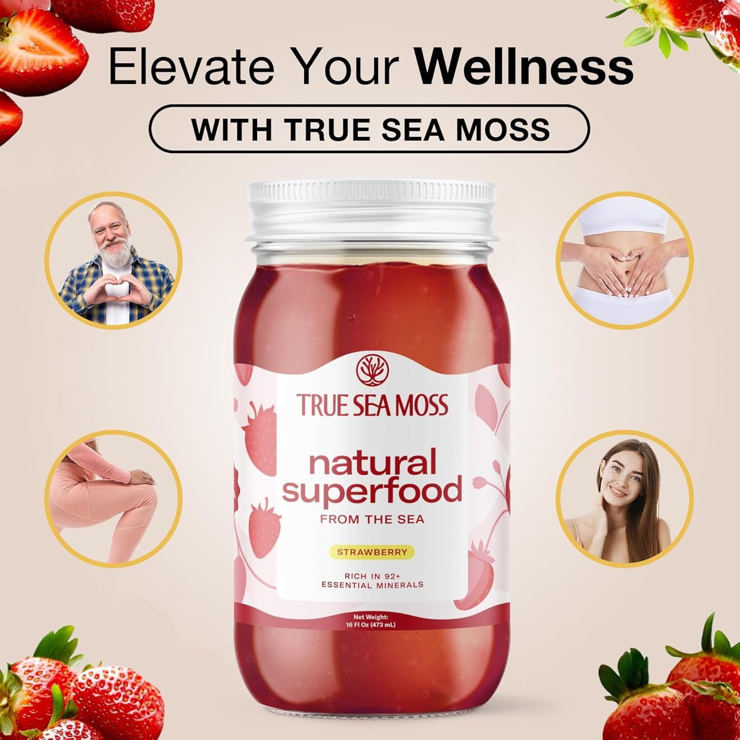 TrueSeaMoss Strawberry Sea Moss Wildcrafted Irish Gel Antioxidant Nutritional Supplements, 16 oz.