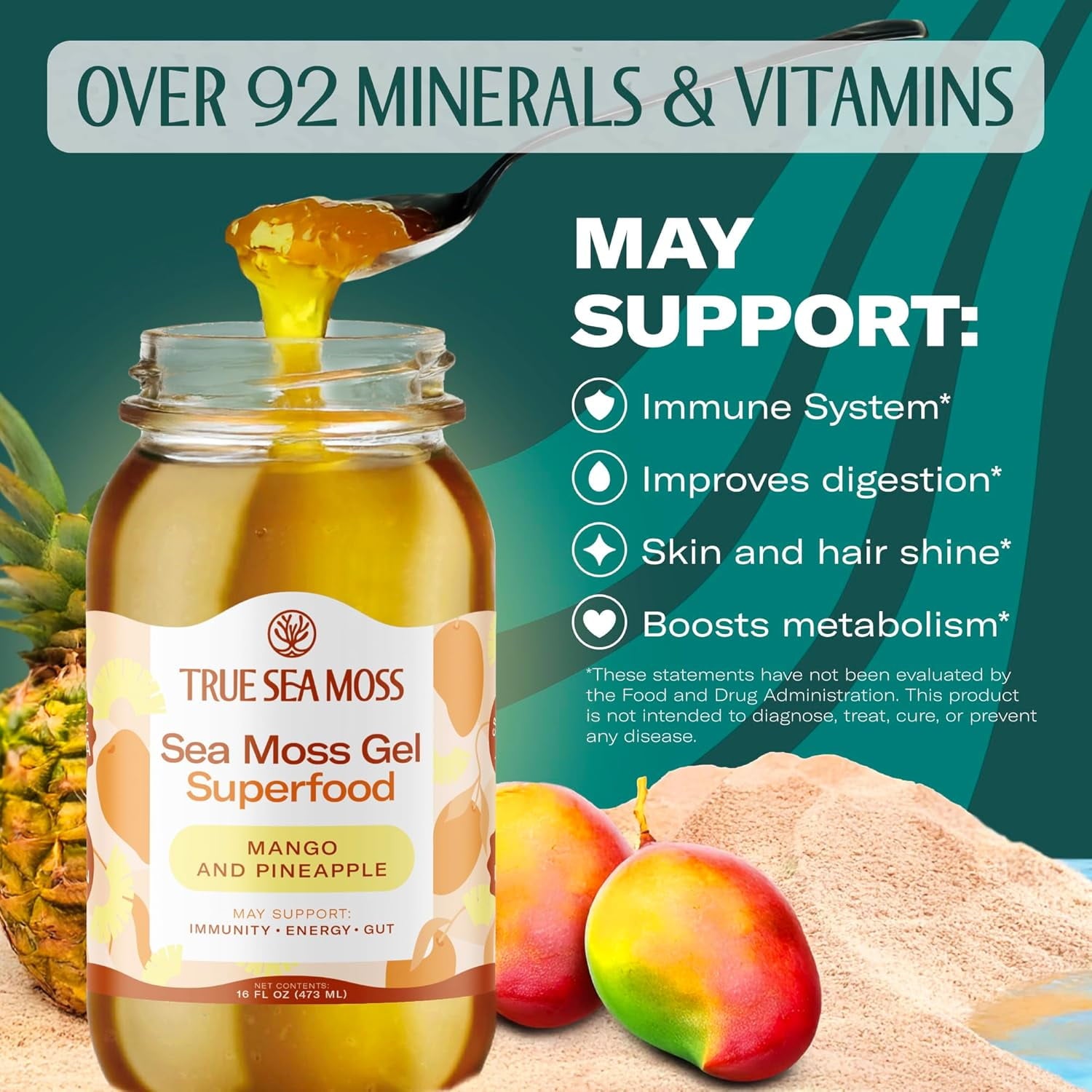 TrueSeaMoss Wildcrafted Irish Sea Moss Gel Superfood - Mango/Pineapple, Pack of 1 Organic Seamoss - Made in USA