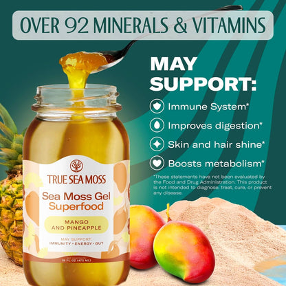 TrueSeaMoss Wildcrafted Irish Sea Moss Gel Superfood - Mango/Pineapple, Pack of 1 Organic Seamoss - Made in USA